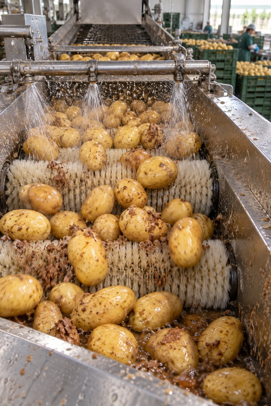 Patatas pasando por los cepillos y el agua de una lavadora de patata